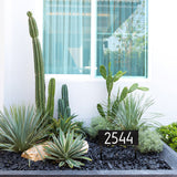 Personalized Cast Metal Lawn Mounted Address Sign - The Mid-Century Modern Rectangle Plaque. Made in the USA. BEWARE OF IMPORT IMITATIONS. Display your address Custom house number sign. Measures - 14.5" x 5.5" x .325"
