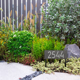 Personalized Cast Metal Lawn Mounted Address Sign - The Mid-Century Modern Rectangle Plaque. Made in the USA. BEWARE OF IMPORT IMITATIONS. Display your address Custom house number sign. Measures - 14.5" x 5.5" x .325"