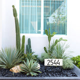 Personalized Cast Metal Lawn Mounted Address Sign - The Mid-Century Modern Rectangle Plaque. Made in the USA. BEWARE OF IMPORT IMITATIONS. Display your address Custom house number sign. Measures - 14.5" x 5.5" x .325"