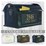 Personalized Whitehall Balmoral Mailbox with Side Address Plaques & Monogram. -- 3 COLORS AVAILABLE, BOX DIMENSIONS 13.7" x 13" x 21.25"