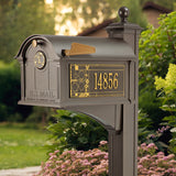 Whitehall Frank Lloyd Wright Balmoral Mailbox & Post Package with Personalized Side Plates, Monogram, Bracket & Finial, Cast Aluminum Decorative Mailbox, Post Mount