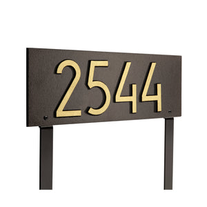 Personalized Cast Metal Lawn Mounted Address Sign - The Mid-Century Modern Rectangle Plaque. Made in the USA. BEWARE OF IMPORT IMITATIONS. Display your address Custom house number sign. Measures - 14.5" x 5.5" x .325"