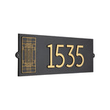 Frank Lloyd Wright Oak Park Modern Personalized Address Plaque, Cast Aluminum House Numbers Sign, Black/Gold, Wall Mounted Outdoor Address Sign, 17 x 6.625 Inch, Made in USA