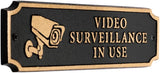 Video Surveillance Plaque – Cast Aluminum Cut Corner Door Sign, Gold on Black, 7.5" x 2" – Durable, Weather-Resistant, Made in USA