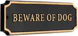 Beware of Dog Plaque – Cast Aluminum Cut Corner Door Sign, Gold on Black, 7.5 x 2 Inches, Made in USA, Durable Weather-Resistant Finish