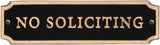 “No Soliciting” Cast Aluminum Door Plaque – Cut Corner Design, Gold on Black, 7.5" x 2" – Durable, Weather-Resistant Metal Sign, Made in USA
