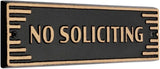 Art Deco "No Soliciting" Sign – Cast Aluminum Door Plaque, Gold on Black, 7.5" x 2", Weather-Resistant Metal Sign for Home or Office