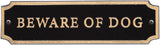 Beware of Dog Plaque – Cast Aluminum Cut Corner Door Sign, Gold on Black, 7.5 x 2 Inches, Made in USA, Durable Weather-Resistant Finish