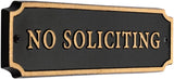“No Soliciting” Cast Aluminum Door Plaque – Cut Corner Design, Gold on Black, 7.5" x 2" – Durable, Weather-Resistant Metal Sign, Made in USA