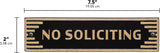 Art Deco "No Soliciting" Sign – Cast Aluminum Door Plaque, Gold on Black, 7.5" x 2", Weather-Resistant Metal Sign for Home or Office