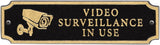 Video Surveillance Plaque – Cast Aluminum Cut Corner Door Sign, Gold on Black, 7.5" x 2" – Durable, Weather-Resistant, Made in USA