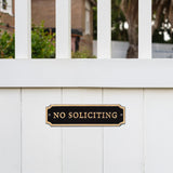 “No Soliciting” Cast Aluminum Door Plaque – Cut Corner Design, Gold on Black, 7.5" x 2" – Durable, Weather-Resistant Metal Sign, Made in USA