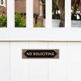 Art Deco "No Soliciting" Sign – Cast Aluminum Door Plaque, Gold on Black, 7.5" x 2", Weather-Resistant Metal Sign for Home or Office