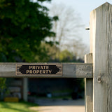 Private Property Sign – Art Deco Cast Aluminum Door Plaque, 7.5” x 2”, Gold on Black, Durable Metal Door or Gate Sign, Made in USA