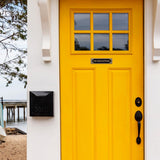 Art Deco "No Soliciting" Sign – Cast Aluminum Door Plaque, Gold on Black, 7.5" x 2", Weather-Resistant Metal Sign for Home or Office