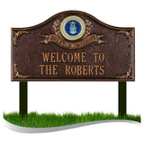 Lawn Mounted, Personalized Service Medallion Plaque.  Made in the USA. Display a personalized message or your address and street name. Custom house sign. Ground mounted sign.