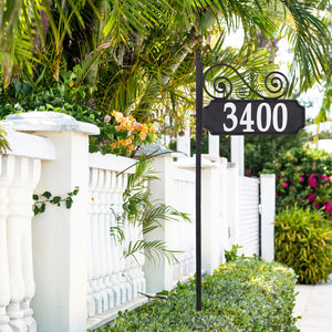 NIGHTBRIGHT SCROLL Black and White Post Address Sign, with 4" reflective numbers