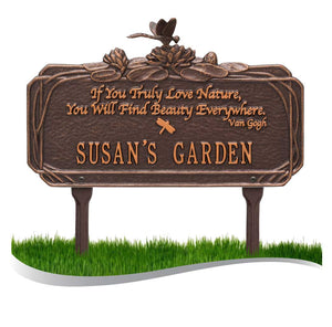 Personalized Cast Metal Yard Plaque - The Dragonfly Garden Quote Lawn sign. Measures - 16.625" x 10" x 4.5". 4 Colors Available.