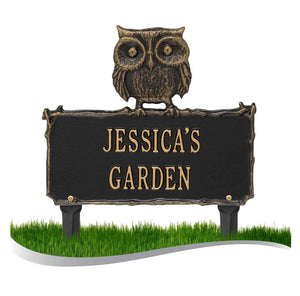 Personalized Cast Metal Yard Plaque - Owl Garden Lawn sign. Measures - 11.875" x 10" x 0.5". 4 Colors Available