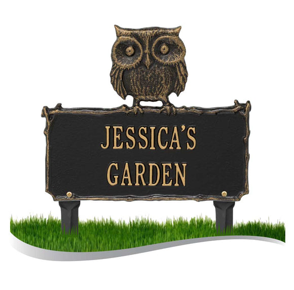Personalized Cast Metal Yard Plaque - Owl Garden Lawn sign. Measures - 11.875